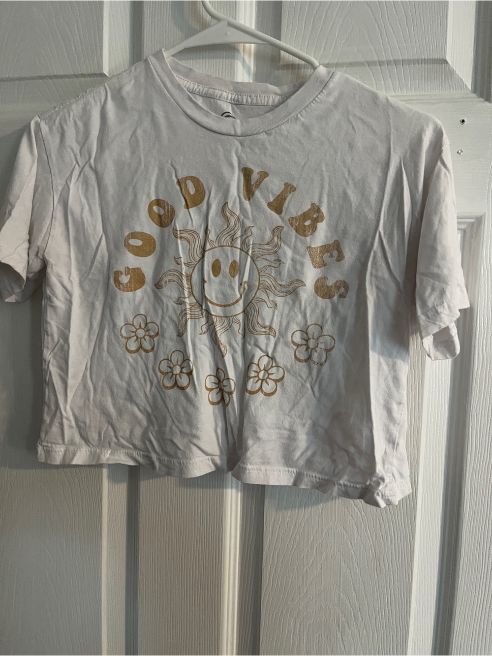 White 'Good Vibes' Kids Graphic Tee with Gold Print